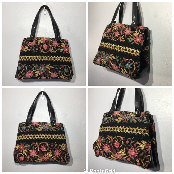 Vintage 50s 60s Needlepoint Tapestry Carpet Bag Black Colorful Floral Purse - Picture 2 of 16